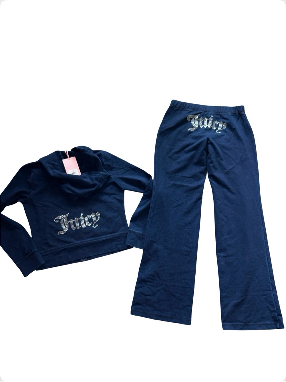 JUICY COUTURE NAVY DARK WASH DENIM BLING RHINESTONE TRACKSUIT SWEATSUIT NWT